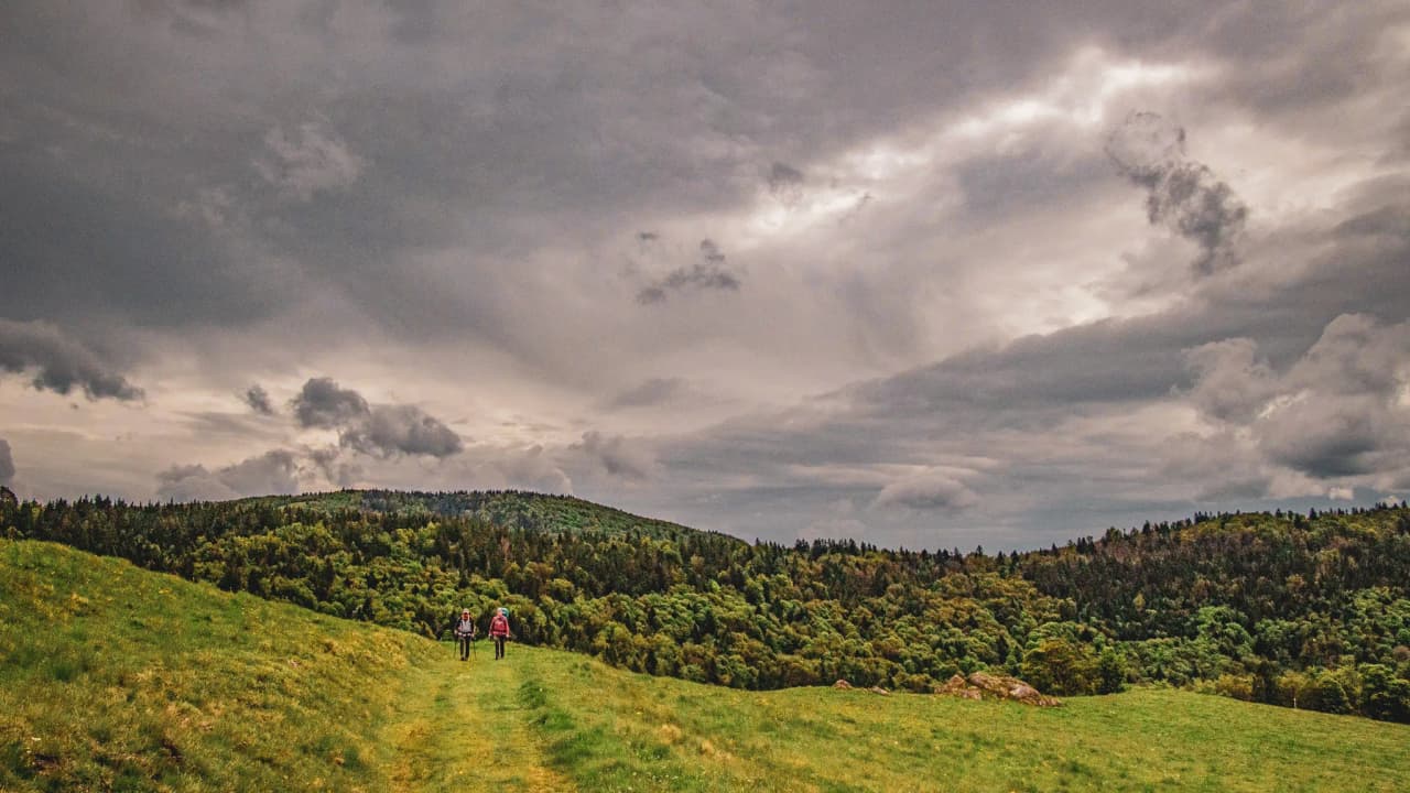 Deux randonneurs cheminent sur un sentier verdoyant sous un ciel nuageux dans les Vosges.