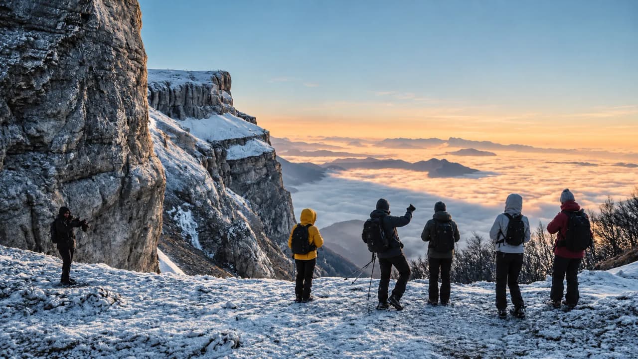 A group of walkers admiring a sunrise over the snow-capped mountains of the Vercors.