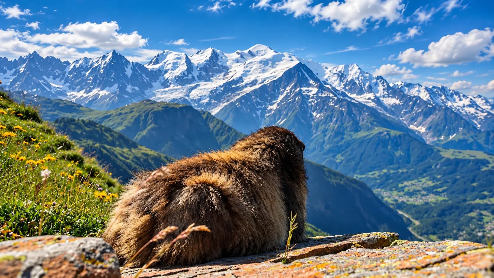 A breathtaking view of the mountains, with a marmot resting on a rock covered in flowers.