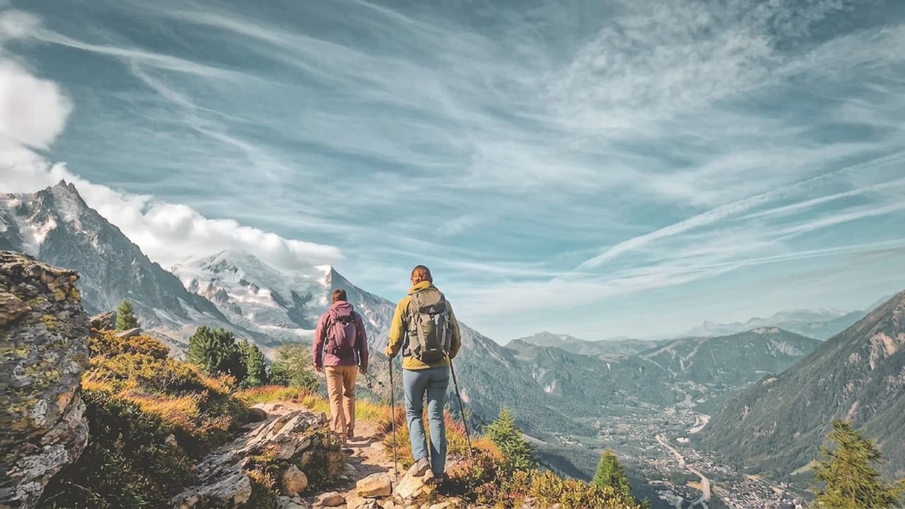 Hikers on an Alpine trail, facing Mont Blanc, in the heart of the majestic landscapes of the Val d'Arly.