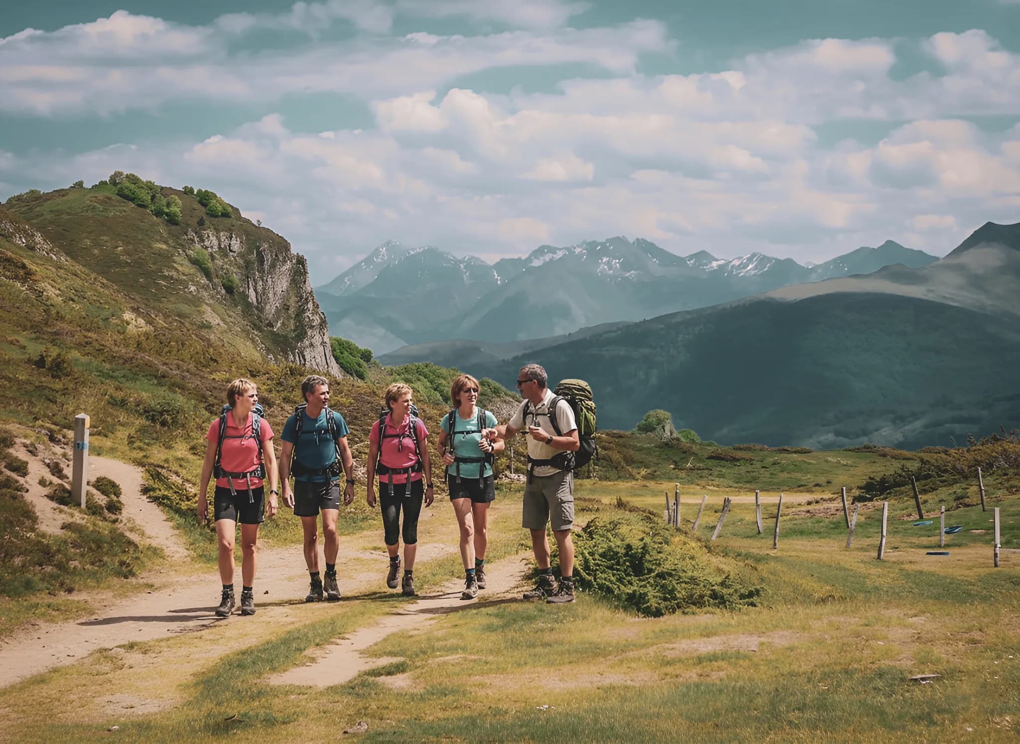 Een groep wandelaars op een pad in de Pyreneeën, omringd door majestueuze berglandschappen.