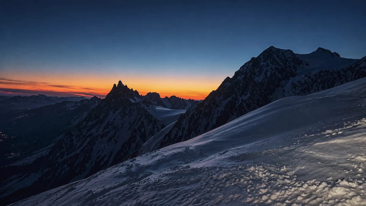 Coucher de soleil sur les sommets enneigés du Mont Blanc, un spectacle majestueux à couper le souffle.
