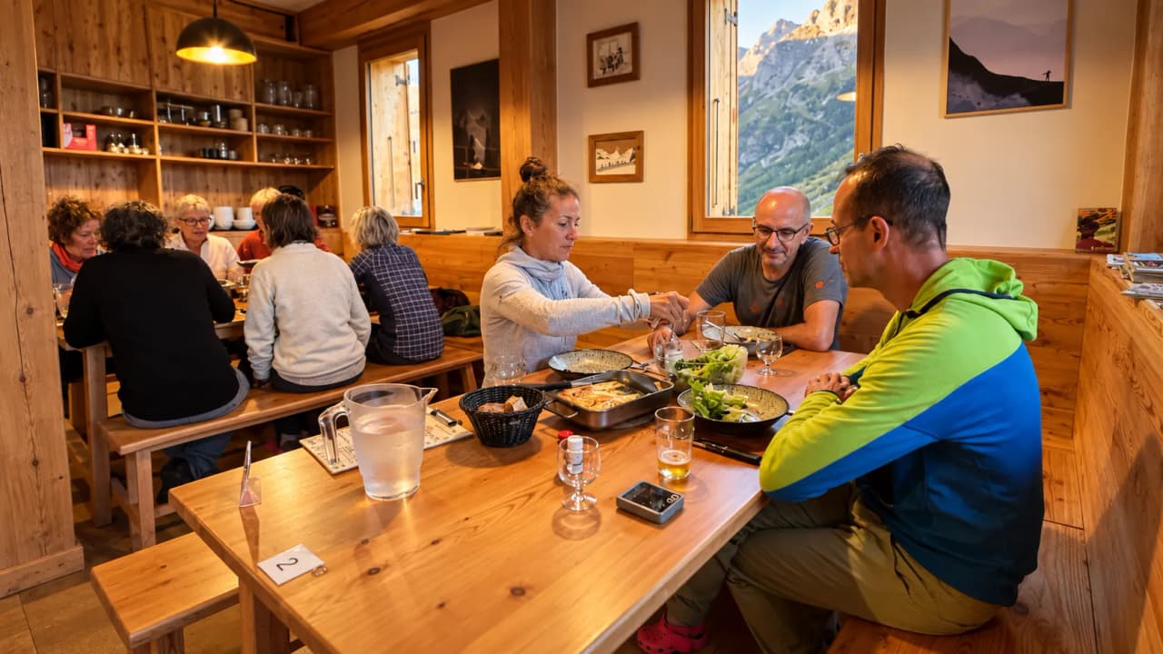 A friendly group gathered round a table, sampling local specialities after a day in the mountains.