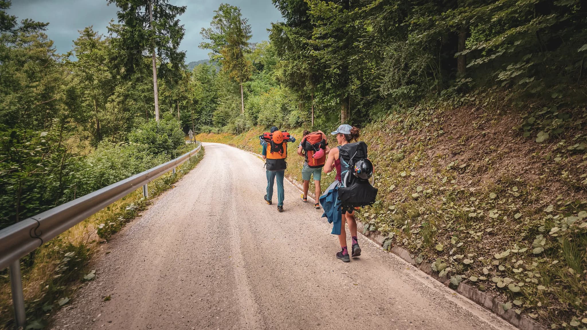 Un groupe d'aventuriers marche sur un chemin forestier en Slovénie, sacs à dos colorés, prêts à explorer.