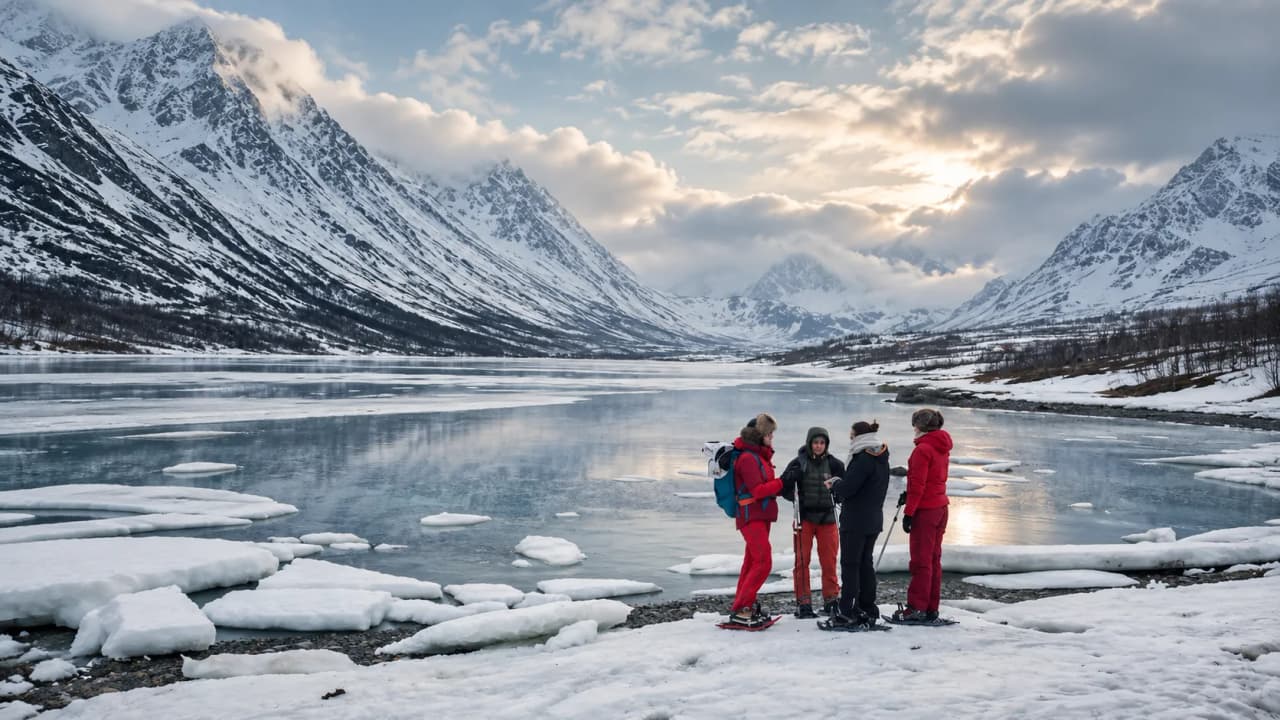 Groupe en raquettes sous des montagnes enneigées, près d’un lac aux reflets scintillants.