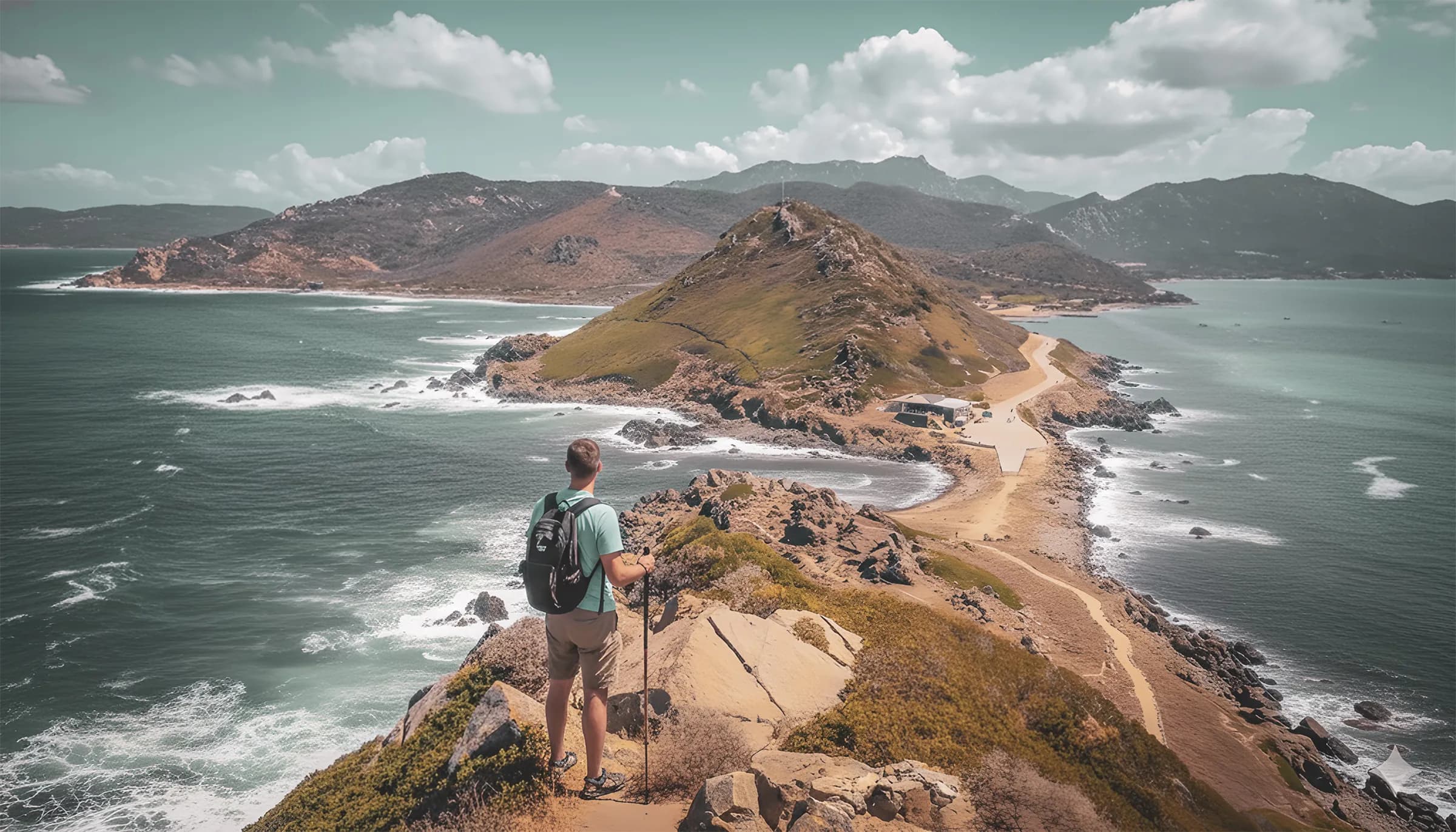 Homme contemplant la côte corse, montagnes verdoyantes et mer turquoise, invitation au voyage.