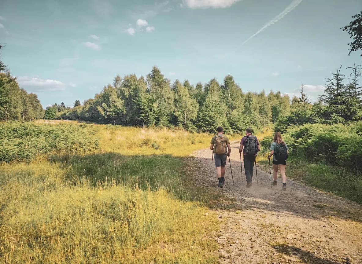 Trois randonneurs marchent sur un sentier ensoleillé, entourés par la nature luxuriante de l'Ardenne.