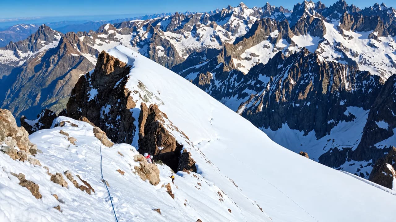 Een sneeuw- en rotsgraat van bovenaf gezien, met een touwgroep tussen de rotsblokken en de toppen van de Écrins aan de horizon.