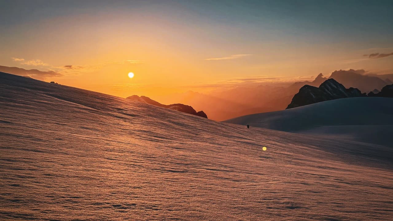 A spectacular sunset over a glacier, with a lone mountaineer in the distance on Mont Blanc.