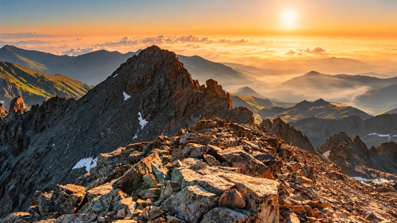 Sunset over the peaks of Mount Viso, illuminating the magnificent landscapes.