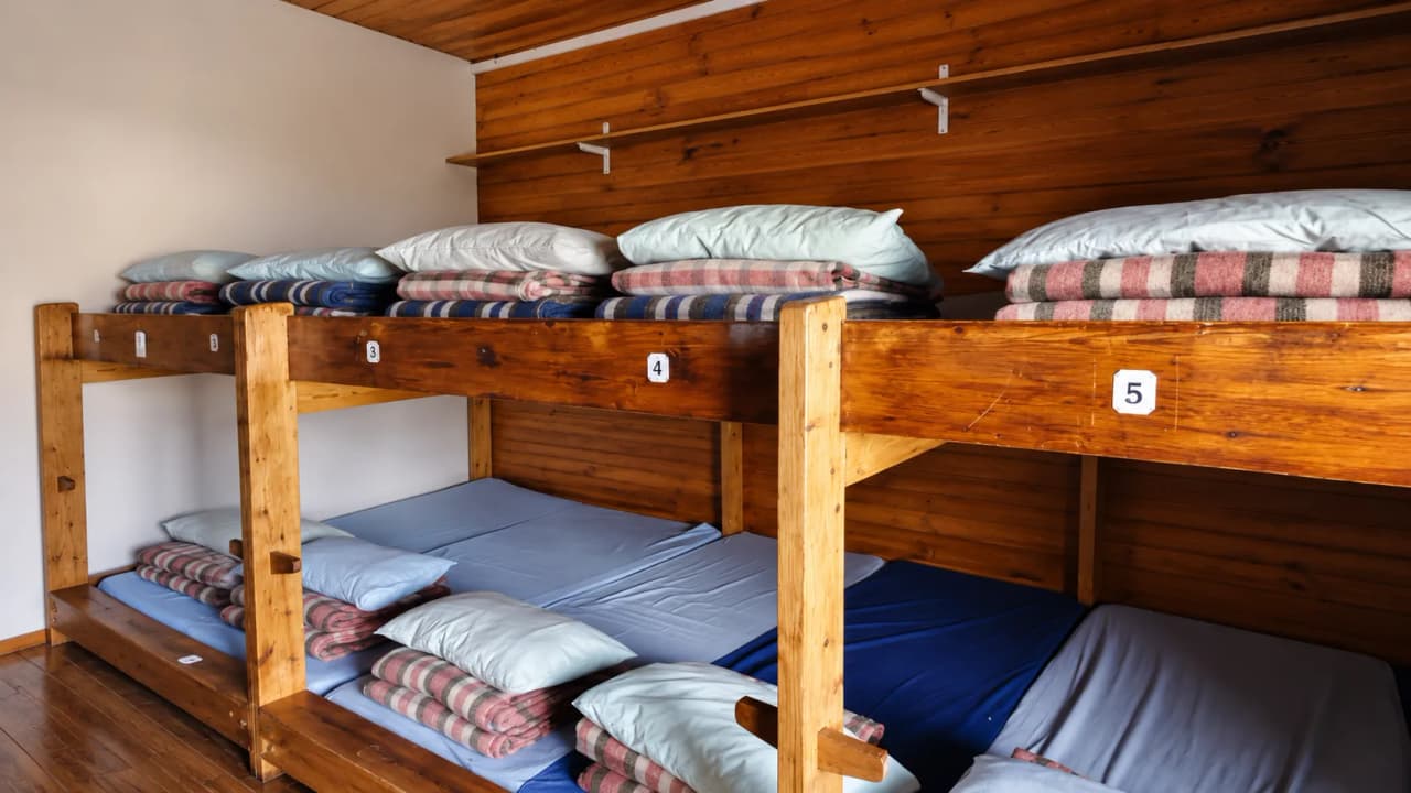 Een slaapzaal in een berghut met houten stapelbedden, kussens en opgevouwen dekens.