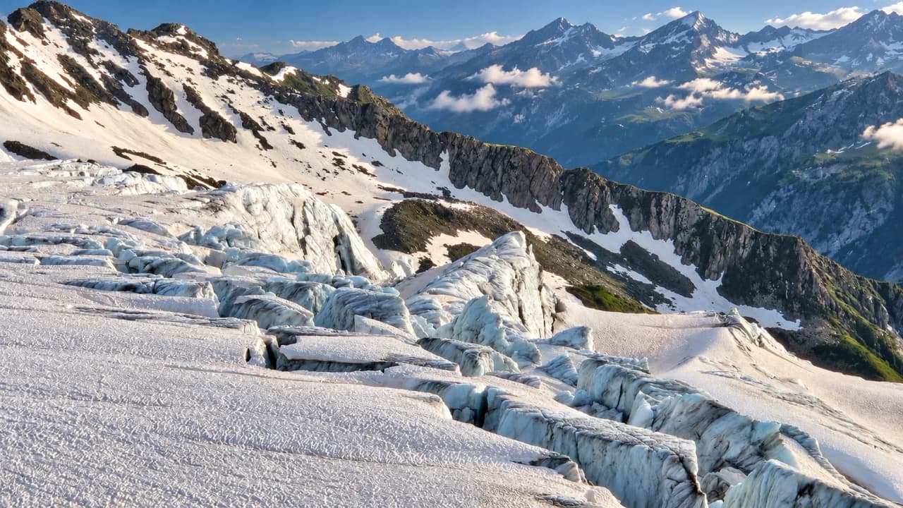 Seracs en spleten van een gletsjer, met een weids uitzicht op de alpentoppen.